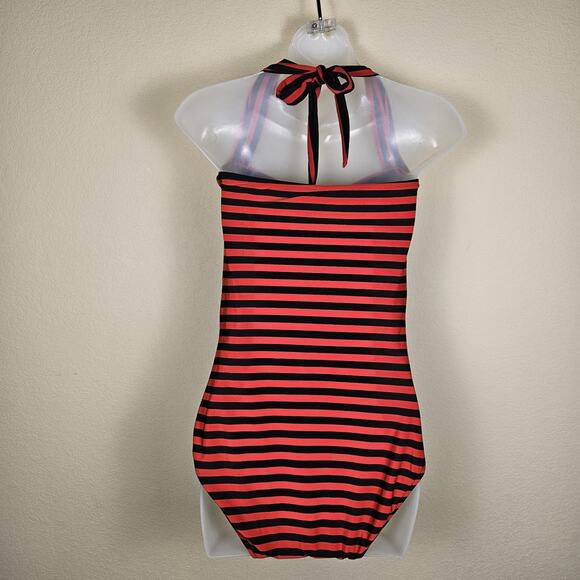 Pin-Up Halter Swimsuit Women One Piece High Back Stripe Full Coverage Nautical L - Picture 15 of 15